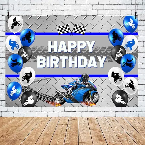 Miniatura 5 de AIBIIN Telón de fondo azul de cumpleaños de motocicleta de 7 x 5 pies para niños, globo de carreras de motocross, decoración de fiesta