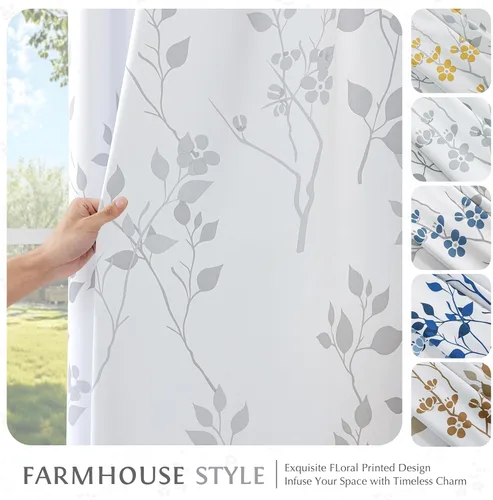 Miniatura 8 de Beauoop Cortinas Florales 100% Opacas de 54 Pulgadas de Largo, 2 Paneles para Dormitorio, Sala de Estar, Azul Gris y Blanco con Patrón de Flores