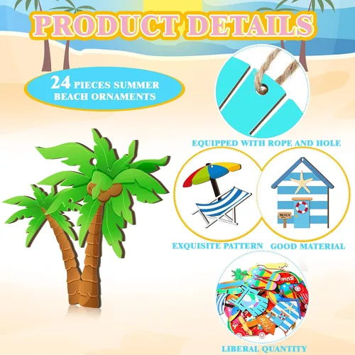 Miniatura 5 de 24 adornos de árbol de verano de Navidad en julio, decoración colgante de madera para playa, rebanadas de madera, decoraciones de árbol tropical
