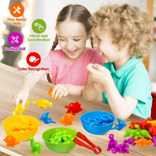 Miniatura 4 de USATDD Juguetes de dinosaurios para contar con clasificación de colores, juegos de apilamiento con cuencos, actividades de aprendizaje preescolar