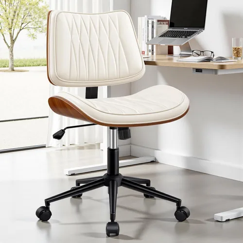 Miniatura 8 de Silla ergonómica de escritorio de oficina sin brazos, de piel sintética blanca moderna de mediados de siglo con costuras de diamante, silla Blanco