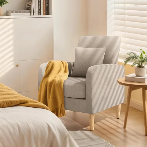 Miniatura 3 de Magshion Silla decorativa Mid-Century para dormitorio, cómoda silla de lectura para sala de estar, sillón tapizado de tela de lino, sofá individual