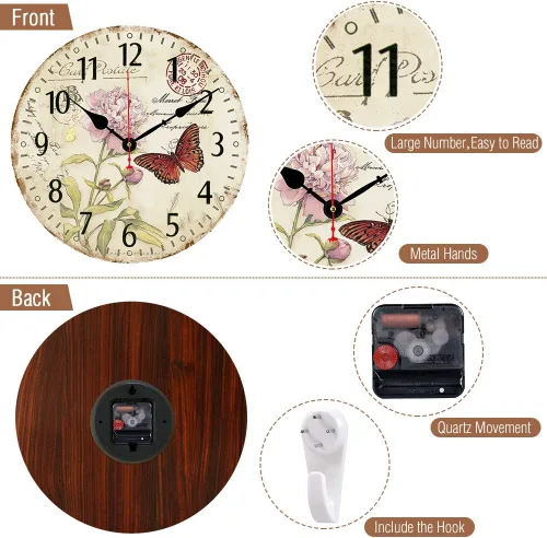 Miniatura 2 de Reloj de pared silencioso de 14 pulgadas sin tictac, relojes de pared con números arábigos grandes, reloj redondo de madera con patrón de mariposa