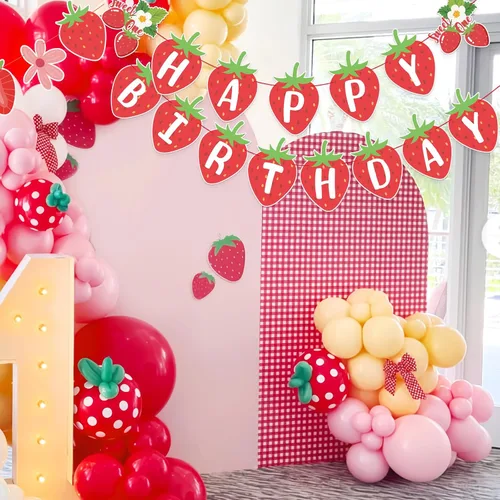 Miniatura 7 de SUNBEAUTY Pancarta de Feliz Cumpleaños de Fresa, Pancarta Colgante de Fiesta de Frutas Rojas Berry Sweet, Decoraciones de Cumpleaños de Fresa