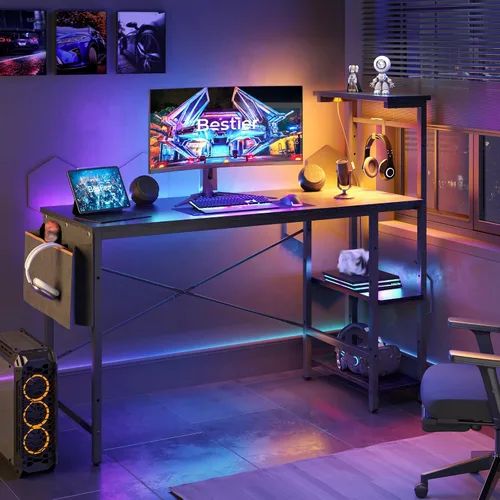 Miniatura 19 de Bestier Escritorio para juegos con tomas de corriente, escritorio LED grande de 61 pulgadas con estantes reversibles de 4 niveles, mesa