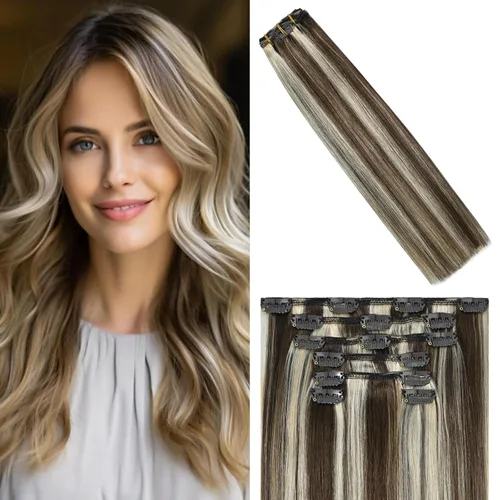 Miniatura 45 de WindTouch - Extensiones de cabello humano Remy con pinzas, color rubio decolorado combinado con balayage, para cabello rubio, 2.47 onzas, N.°