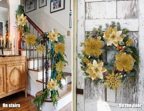Miniatura 4 de RECUTMS 60 PCS Flores Artificiales de Nochebuena para Decoración del Árbol de Navidad Juego con Clip, 18 Flores de Nochebuena con 12 Tallos de Bayas