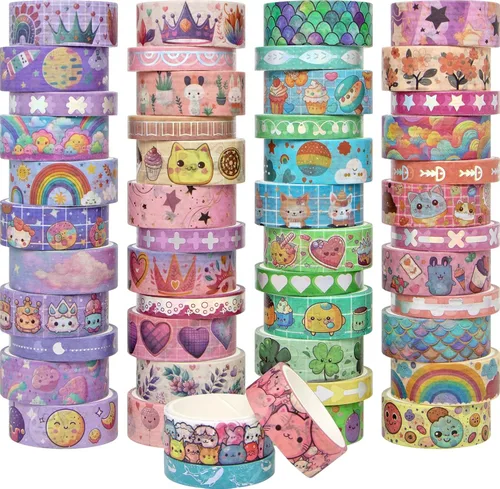 WAPETASHI Juego de 50 rollos de cinta washi, cinta Washi plateada para álbumes de recortes, diario de viñetas, planificador, regalo, cinta