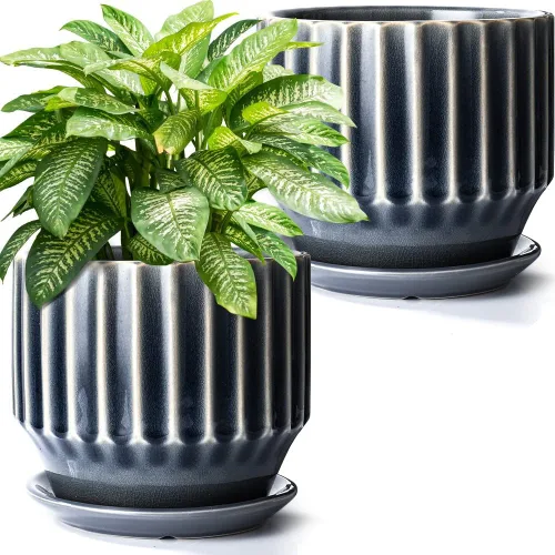 Miniatura 7 de AISBUGUR Macetas de cerámica de 6 pulgadas para plantas de interior, juego de 2 macetas de diseño único de esmalte agrietado con orificio de drenaje