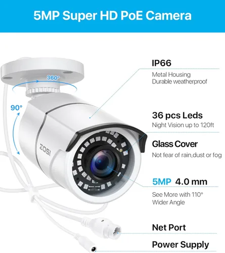 Miniatura 9 de ZOSI ZG2615E - Cámara de seguridad impermeable POE de 5MP con visión nocturna para sistema de vigilancia de alimentación a través de Ethernet