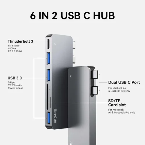 Miniatura 2 de RayCue Adaptadores de Hub USB C para MacBook Pro/MacBook Air M1 M2 M3 2023 2022 2021 2020 2019 13" 14" 15" 16", Adaptador Multipuerto 6-en-2