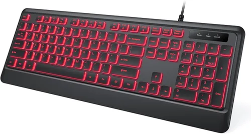 KOPJIPPOM Teclado con cable retroiluminado, teclados de computadora iluminados por USB con retroiluminación de 7 colores, teclado silencioso de