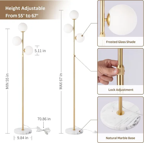 Miniatura 2 de vallerico Lámparas de pie modernas de 3 globos de mediados de siglo para sala de estar, lámpara de pie de altura ajustable con base de mármol, Dorado