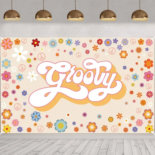 Miniatura 9 de Groovy - Pancarta de fondo para fiesta de cumpleaños, 6 x 3.6 pies, hippie para decoración de cumpleaños, diseño de margaritas, decoración bohemia