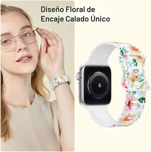 Miniatura 4 de Correa de encaje floral compatible con Apple Watch de 40mm 44mm 46mm 41mm 45mm 38mm 42mm 49mm, mujeres, correa deportiva de repuesto de silicona B
