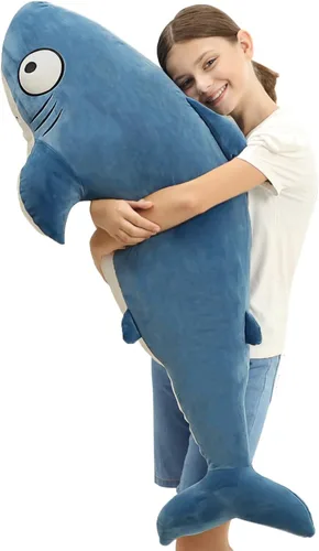 Miniatura 9 de Peluche de tiburones gigantes azules de 32 pulgadas, animales de peluche de tiburón ballena grande, almohada corporal blanda de pez marino grande