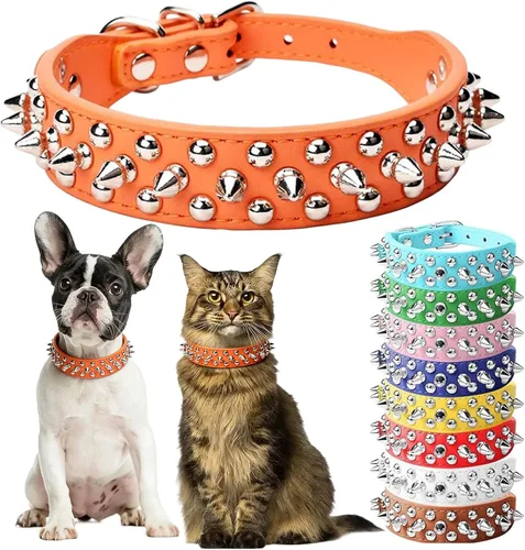 Miniatura 9 de Collar de perro con pinchos para perros pequeños, collares de cachorro macho con pinchos de cuero PU con remaches de hongos, collares tachonados