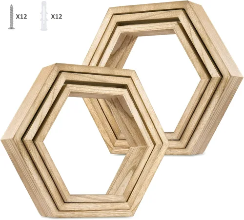 Miniatura 7 de YBING Estantes flotantes hexagonales montados en la pared de madera de granja de almacenamiento de nido de abeja, juego de 6 estantes hexagonales