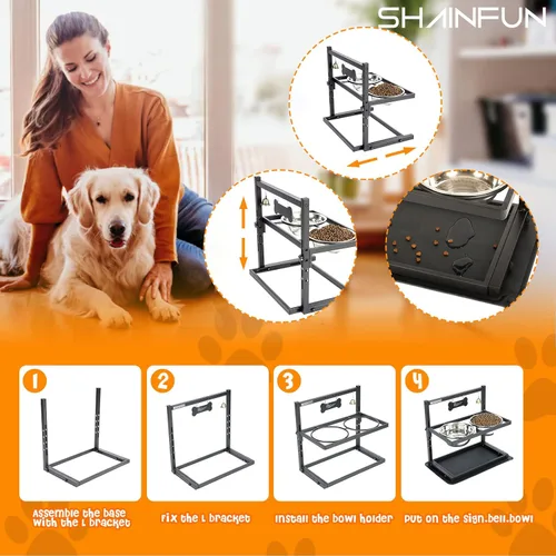 Miniatura 7 de SHAINFUN Soporte de Cuencos Elevados/Alzados para Perros con Altura Ajustable con Dos Cuencos de Comida de Acero Inoxidable de 1.7L y Tapete a