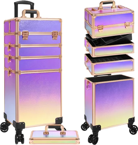 Miniatura 13 de Estuche Profesional de Maquillaje Enrollable con Tapa, Estuche de Cosmetología 5 en 1 con Ruedas, Organizador de Equipaje Cosmético Grande