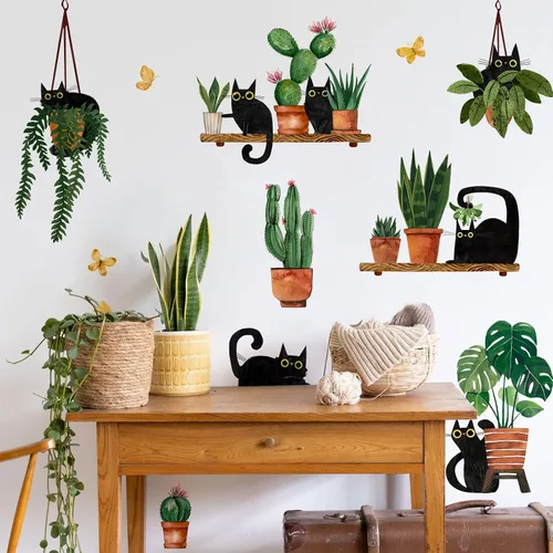 Yovkky Calcomanías de pared de plantas en maceta de gatos negros, caricaturas, gatito, bonsái, guardería, sala de juegos, decoración de cactus para
