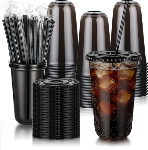 Miniatura 12 de tchrules Juego de 100 vasos de plástico negro de 12 onzas con tapas y pajitas, taza de café helado desechable con tapa, parte inferior redonda