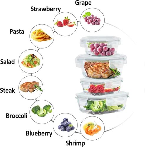 Miniatura 9 de Recipientes de vidrio para almacenar alimentos con tapas herméticas, paquete de 6 recipientes de vidrio súper a prueba de fugas con tapas, no se