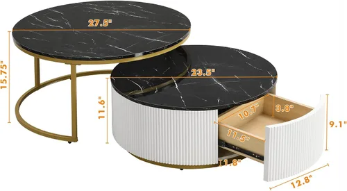 Miniatura 2 de Moderna mesa de centro redonda anidable acanalada con cajón en negro y dorado en 27.6 pulgadas