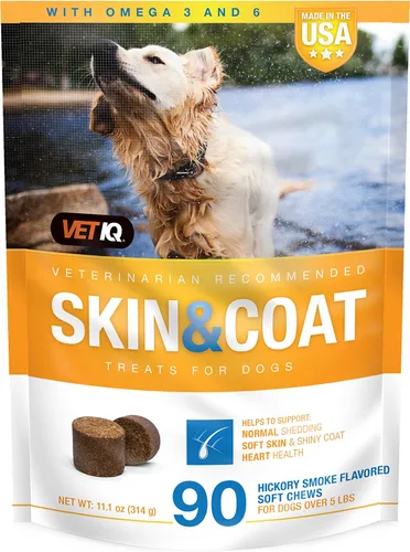 VetIQ Suplemento para la piel y el pelaje para perros, masticables suaves para apoyar la piel y el pelaje saludables, 90 unidades