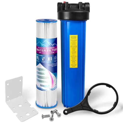 Sistema de filtración de agua para toda la casa, carcasa grande azul, puertos de latón de entrada/salida de 1 pulgada, botón de alivio de presión,