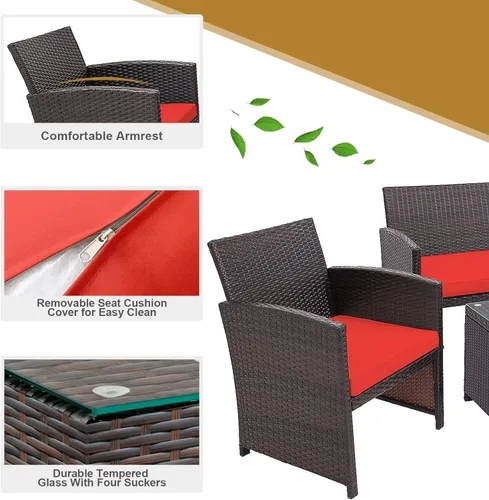 Miniatura 7 de HAPPYGRILL Juego de 4 muebles de mimbre para exteriores con mesa de centro de vidrio templado, cojines suaves, juego de sillas de ratán resistentes