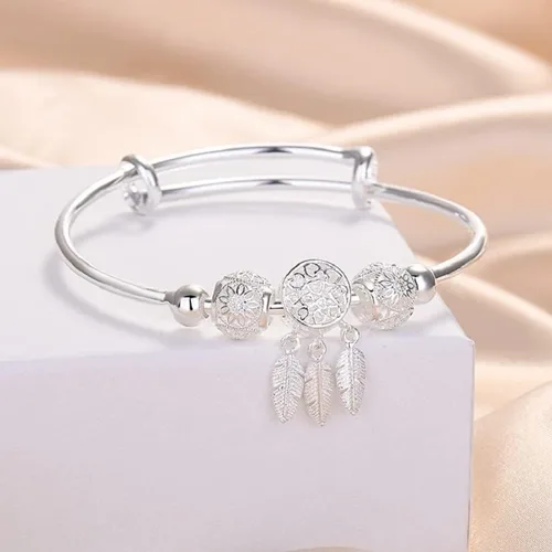 Miniatura 5 de Harlorki Pulsera ajustable para mujer con colgante de hoja de bola de la suerte 925 chapada en plata