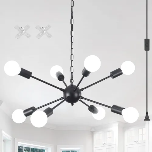 Miniatura 9 de Lámpara colgante enchufable, 6 luces colgantes con cable de enchufe de 16.4 pies e interruptor de encendido/apagado de níquel cepillado, lámpara