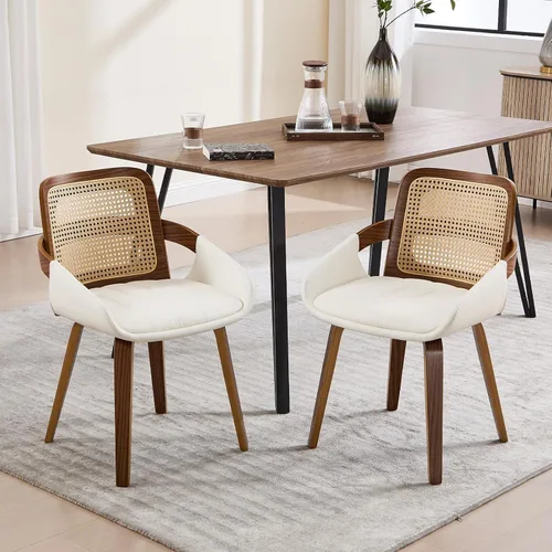 Miniatura 8 de VipDesk Juego de 2 sillas de comedor, sillas de comedor modernas de mediados de siglo con brazos y respaldo de ratán, sillas de cocina de madera
