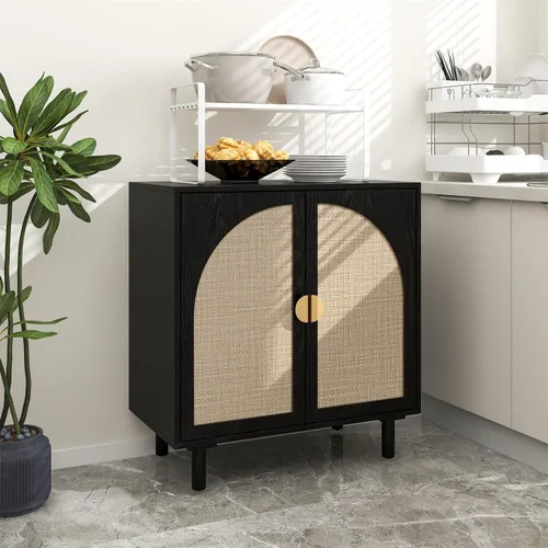 Miniatura 4 de ZeHuoGe Aparador de buffet con ratán, aparador de almacenamiento de cocina con puertas decoradas de ratán, bufé de café con licor, comedor, pasillo