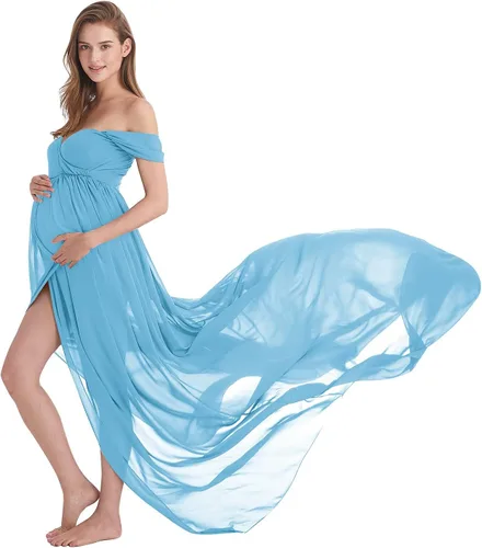 Vestido de fotografía de gasa con hombros descubiertos y abertura frontal para sesión de fotos, boda, fiesta, baby shower
