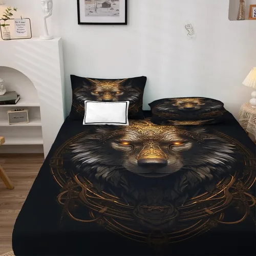 Miniatura 3 de Juego de sábanas Queen – Sábanas de cama de lobo, sábanas y fundas de almohada de color negro y dorado, microfibra suave, bolsillo profundo y sin