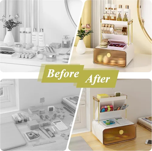 Miniatura 4 de FOLLOWIN Organizador de maquillaje de 3 niveles con cajón, exhibición de cosméticos con soporte para brochas de pintalabios, organizadores