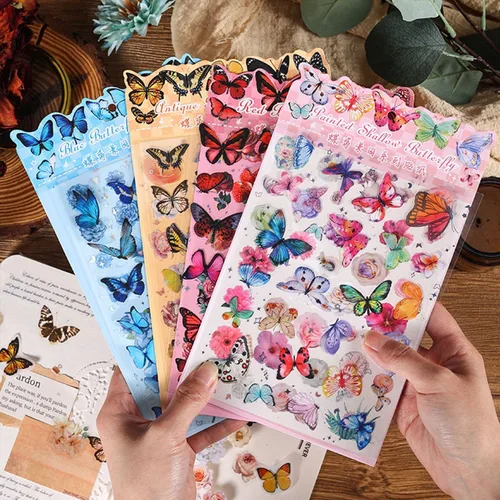 Miniatura 9 de Calcomanías de mariposa (18 hojas/más de 500 piezas) coloridas holográficas con purpurina para PET, calcomanías transparentes para álbumes