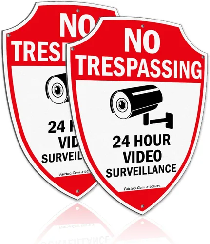 Faittoo Señal de No Trespassing - Señales de videovigilancia al aire libre, paquete de 2, señal de advertencia reflectante de aluminio de 9.6 x 6.8