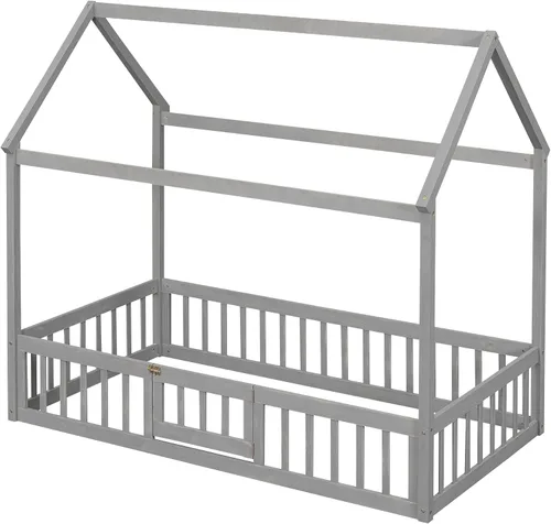 Miniatura 8 de Quarte Cama de madera de tamaño individual con valla y puerta, cama de madera en el suelo para niños y niñas, fácil montaje (gris lavado/valla y D1)
