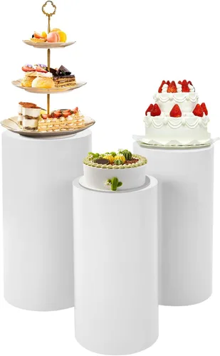LOYALHEARTDY 3 soportes de pedestal cilíndricos redondos de metal blanco, decoración de pedestal de fondo para mesa de postre para fiestas,