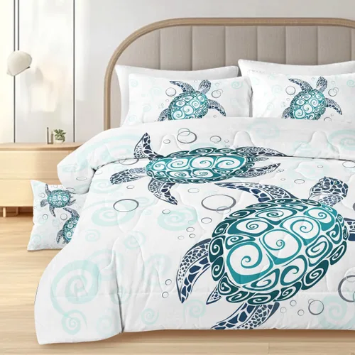 Miniatura 3 de Sleepwish - Juego de edredón con estampado de tortuga, juego de cubrecamas de tortuga hawaiana tamaño Queen en 3D, edredón de playa lindo para cama