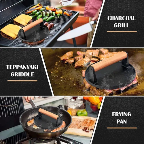 Miniatura 5 de Joyfair Prensa para Hamburguesas Smash para Plancha (7 pulgadas), Aplastador de Hamburguesas de Hierro Fundido, Accesorios para Prensa de Parrilla