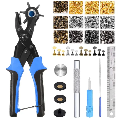 Miniatura 12 de Juego de herramientas para perforar agujeros de cuero, kit perforador de agujeros para cinturón, sillín profesional, collares de perro, correa