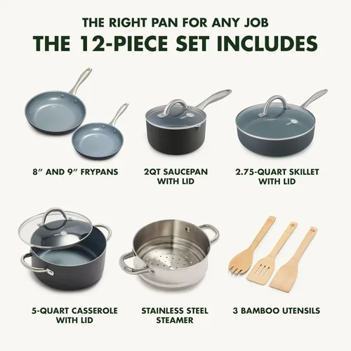Miniatura 2 de GreenPan Lima Juego de Utensilios de Cocina de Cerámica Antiadherente Saludable Anodizada Dura de 12 Piezas Ollas y Sartenes, Libre de PFAS, Seguro