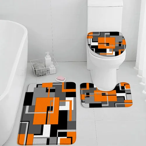 Miniatura 7 de Juego de 3 tapetes de baño geométricos rojos, negro, blanco y gris, líneas minimalistas abstractas geométricas de mediados de siglo, cubierta