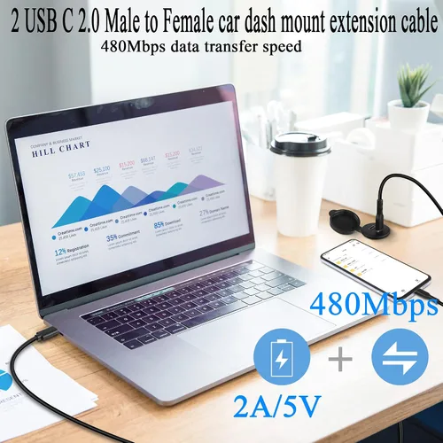 Miniatura 2 de QIANRENON 2 USB C roscado montaje empotrado cable impermeable doble USB C 2.0 macho a hembra montaje en tablero de coche cable de extensión