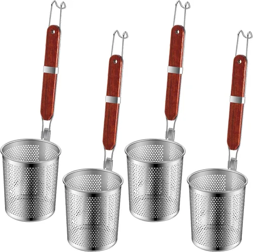 Miniatura 8 de Tessco - 4 coladores de pasta, 4.7 x 5.2 pulgadas, cesta de pasta de acero inoxidable con mango de madera, colador de araña, desnatador de cocina