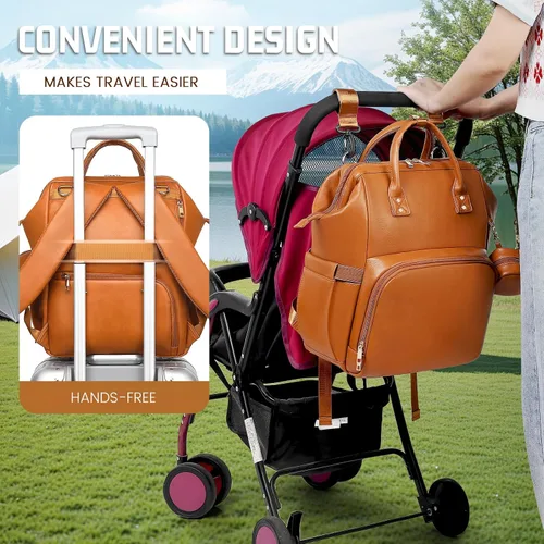 Miniatura 5 de ROSEGIN Mochila para pañales de piel vegana prémium con cambiador impermeable - Costuras y cremalleras reforzadas, bolsa de bebé para niño y niña